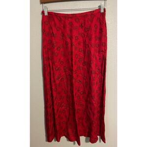 Rena Rowan Skirt Womens 12 Red Black Floral Print Rayon Maxi Boho Career Dressy